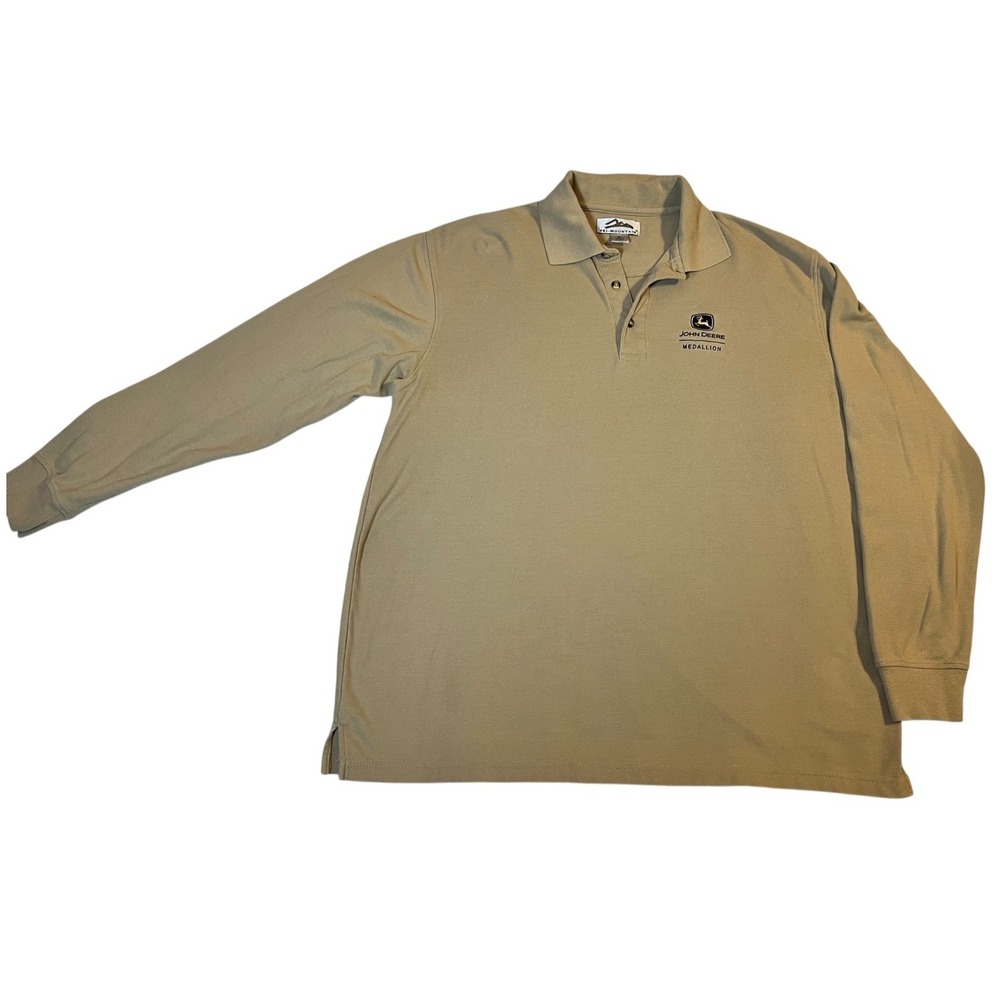John Deere Medallion Tri-Mountain Men's XL Long Sleeve Polo Khaki Embroidered